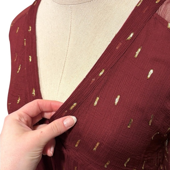 Sezane Stella Long Sleeve Silk-feel Boho Metallic Speckled Mini Dress Brick Red - Picture 7 of 13